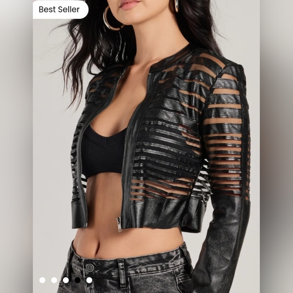 Windsor Black Striped Edgy Leather- Like Cropped Jacket- Very Flattering!! - Picture 4 of 15